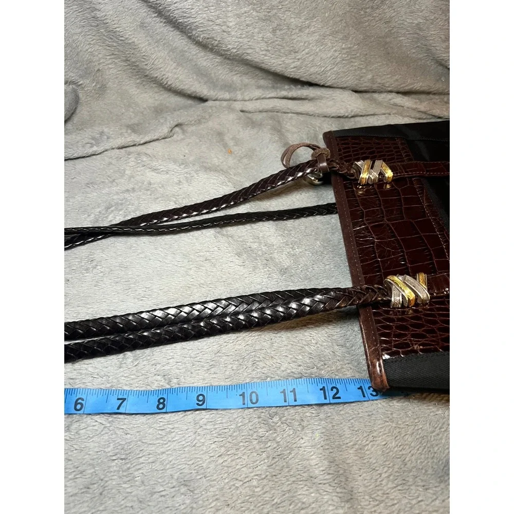 Brighton Black Nylon Brown Croc Embossed Leather Tote Shoulder Bag Braided Strap